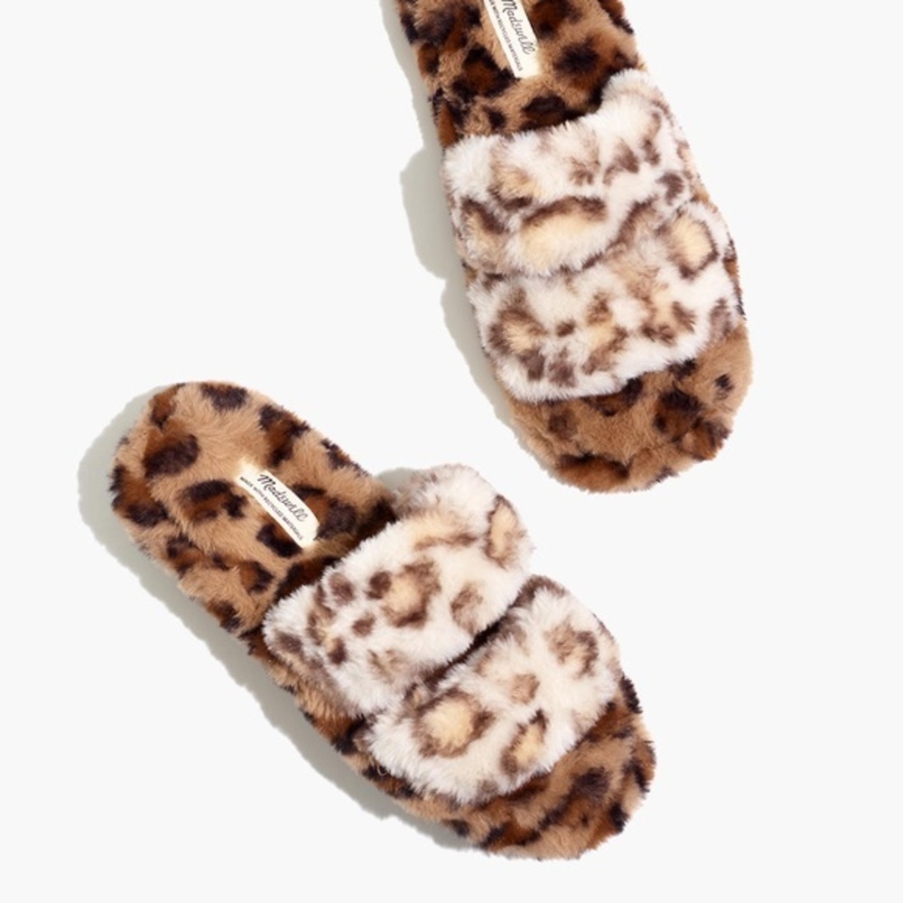 NWT Madewell Two-Strap Scuff Slippers in Leopard Recycled Faux Fur US Size 5